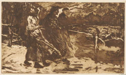 Three women on a bridge in rain and wind, print, inscription: 'd'après GH Breitner', signature: