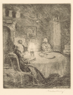 Reading men by candlelight, print, Three men in winter clothing around a table with a single