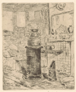 No gas (original title on object), print, An interior with a stack of pots on a coal stove.