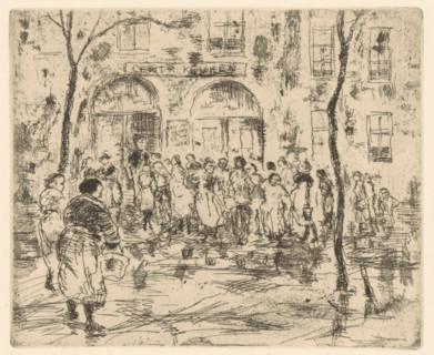 Central Kitchen, print, People waiting with pots and pans in their hands on the sidewalk at a