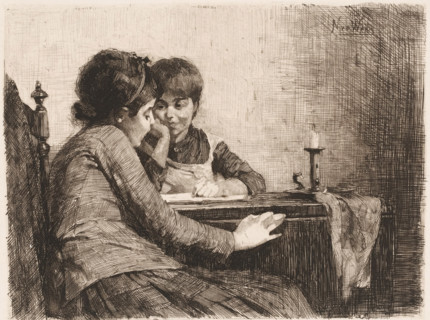 Art appreciation, print, Two children with a book lying open on a table., printmaker: Nicolaas van