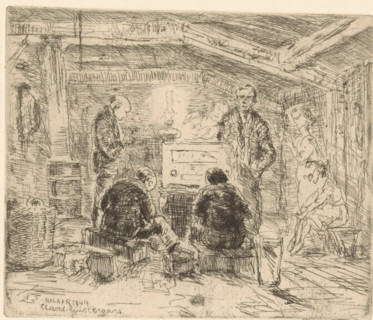 Clandestine listeners (original title on object), print, Men and women listening to a radio in a