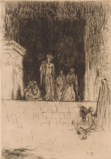 Entrance to a Hindu temple, print, Various figures on and near a staircase leading to the entrance