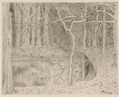 Forest with pond and swans, Pond and forest in winter, Westhoven (original title), print,