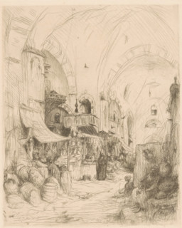 Bazaar in Constantinople, print, Figures in a covered bazaar with stalls displaying goods.,