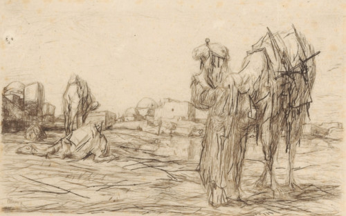 Camels with a driver in front of a city, print, A man holds a camel by his harness. Three more