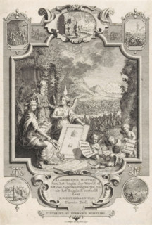 Title page for: Kornelis Westerbaen, Algemeene histori, 1736, Cartouche with allegory on the