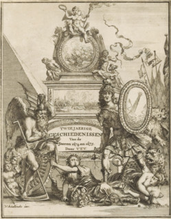 Allegorical representation with Father Time and figure in armor, Title page front: Gerard Brandt,