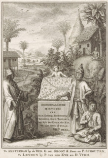 Allegory of the East Indies, print, title page, Landscape with animals and people in traditional