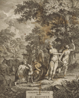 Title page for: Gerard Kempher, Herderszangen, 1732, Diana and shepherds, print, title page, Diana