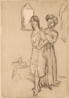Young woman at a milliner, At the milliner's, print, The woman stands with her hand on her hip