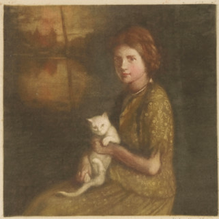 Girl with a cat on her lap, print, Silhouette of a castle in the background on the left.,
