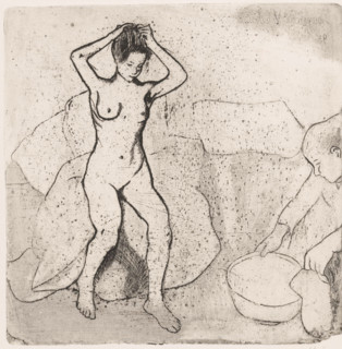 Nude woman taking a bath, Catherine preparing the tub and Louise nue se coiffe, print, printmaker: