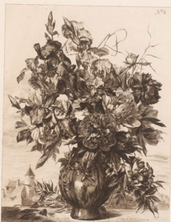 Flower vase with a church in the background, Series with flowers, print, Series number, 8,