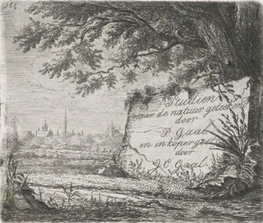 Title print for: Studies drawn from nature, print, title print, Landscape with a village in the