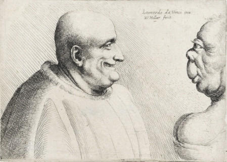 Heads of a large bald man and grotesque woman, Varie figurae et probae, Caricatures, heads and