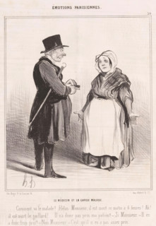 Woman tells doctor that sick husband has died, Le médecin et la garde malade, Parisian emotions,