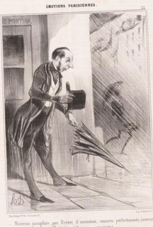 Man tries to open new umbrella in the rain, Parisian emotions, Émotions Parisiennes, cartoon,