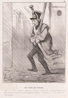 Une victime des factions, National Guard soldier patrols through the rain, Parisian emotions,