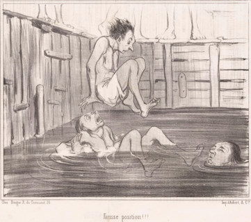 Man jumps into the pool above another man, False position!, Bathing men, Les Baigneurs, cartoon,