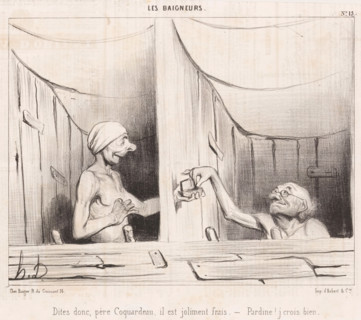 Two old men exchanging tobacco in their bathtub, Dites donc, père Coquardeau, Men bathing, Les