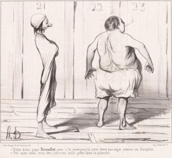 Thin and portly man in the swimming pool, Les baigneurs, Men bathing, cartoon, Series number, 18,