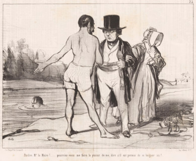 Man in swimming trunks asks mayor if he can swim, Excuse me, Mr. le Maire!, Bathing men, Les