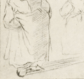 Two young children, print, A girl with her hands under her apron. Another girl seen from the back.,