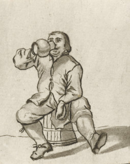 Drinking man sitting on a barrel, print, A man puts a jug to his mouth while sitting on a barrel.,