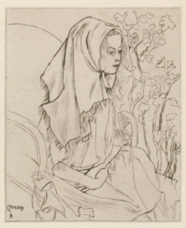 Sick child (original title), Charley Toorop with headscarf in an armchair, print, printmaker: Jan