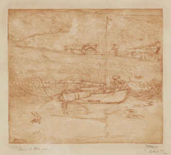 Canal near Katwijk aan Zee (original title), Small sailboat in the water near the dunes, print,