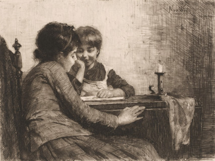 An art appreciation, print, Two children with a book lying open on a table., inscription: 'distel