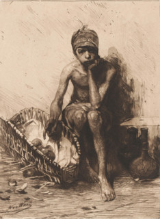 Fruit seller, print, printmaker: Nicolaas van der Waay (signed by artist), 1865 - 1936, paper,