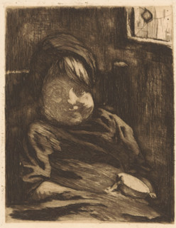Sitting child with a cup, print, watermark: '...an Gelder Zonen, Holland', printmaker: Willem