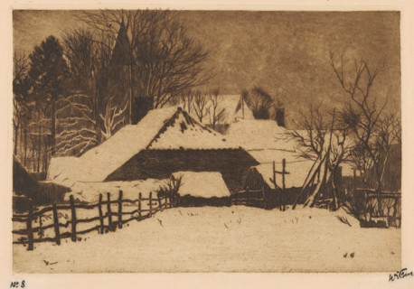 View of snow-covered houses in Ede, print, signature: 'Witsen', inscription: 'No. 8', watermark,