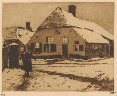 Snow-covered houses on a road in Ede, print, On the left, someone stands by a pump. A woman is