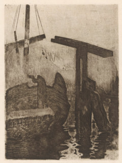 Drawbridge and ship in the fog, print, watermark, printmaker: Willem Witsen, Amsterdam, 1887,