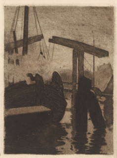 Drawbridge and ship in the fog, print, printmaker: Willem Witsen, Amsterdam, 1887, paper, etching,