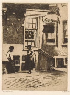 Two women in the Krom Boomsloot in Amsterdam, print, They are standing in front of the side wall of
