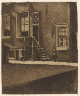 Side entrance with wooden stairs of Krom Boomssloot 69 in Amsterdam, print, The side entrance of