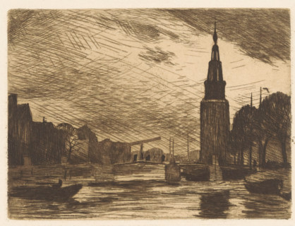 Oude Schans and the Montelbaan Tower in Amsterdam, print, watermark, printmaker: Willem Witsen,