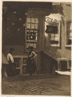 Two women in the Krom Boomsloot in Amsterdam, print, They are standing in front of the side wall of