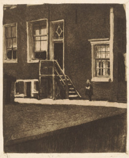 Side entrance with wooden stairs of Krom Boomssloot 69 in Amsterdam, print, The side entrance of