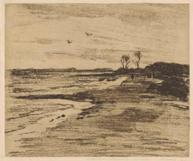 Coastline of the Zuiderzee in Valkeveen, print, Four figures on the right in the distance.,