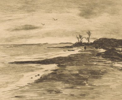 Coastline of the Zuiderzee in Valkeveen, print, Four figures on the right in the distance.,