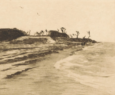 Coastline of the Zuiderzee in Valkeveen, print, Two figures at the waterside., printmaker: Willem