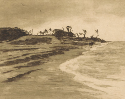 Coastline of the Zuiderzee in Valkeveen, print, Two figures at the waterside., printmaker: Willem