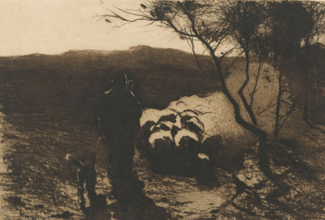 Shepherd with a dog behind his flock, print, The dog walks to the left of the shepherd., signature: