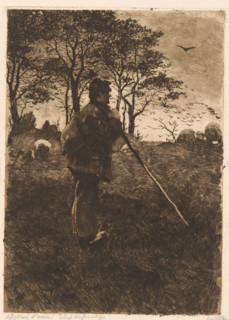 Shepherd leaning on his staff, print, inscription: 'épreuve d'essai etat definitif', signature: