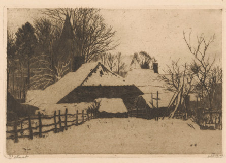 View of snow-covered houses in Ede, print, signature: 'Witsen', inscription: '3e staat',